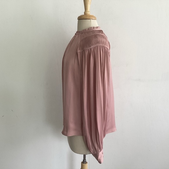 Rachel Zoe Pink Long Sleeve Pleated Shoulders Poet Sleeves Ruffled Neck Blouse S - Picture 5 of 8